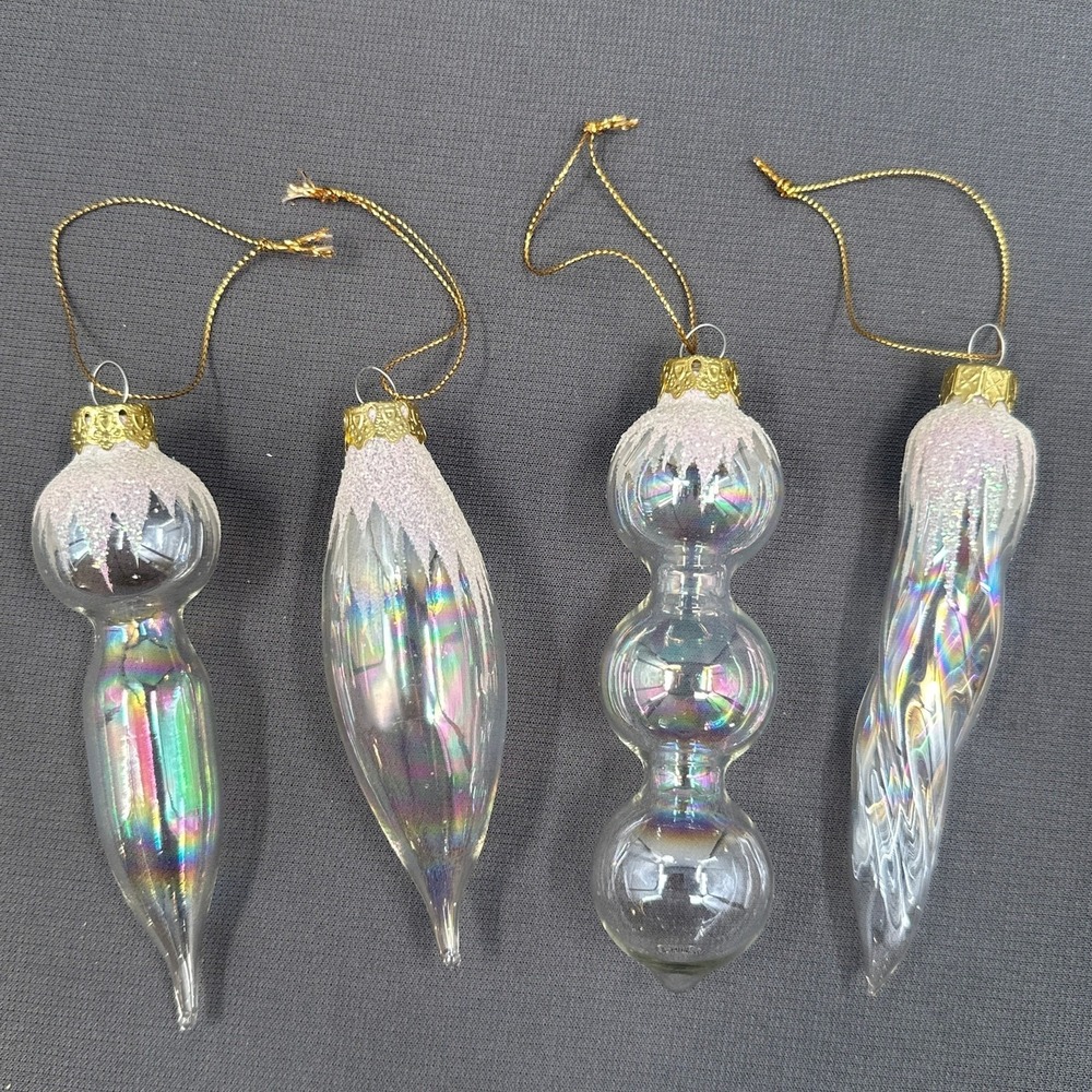 VTG Blown Glass Icicle Christmas Ornaments Clear Iridescent Glitter 4 pc Glam